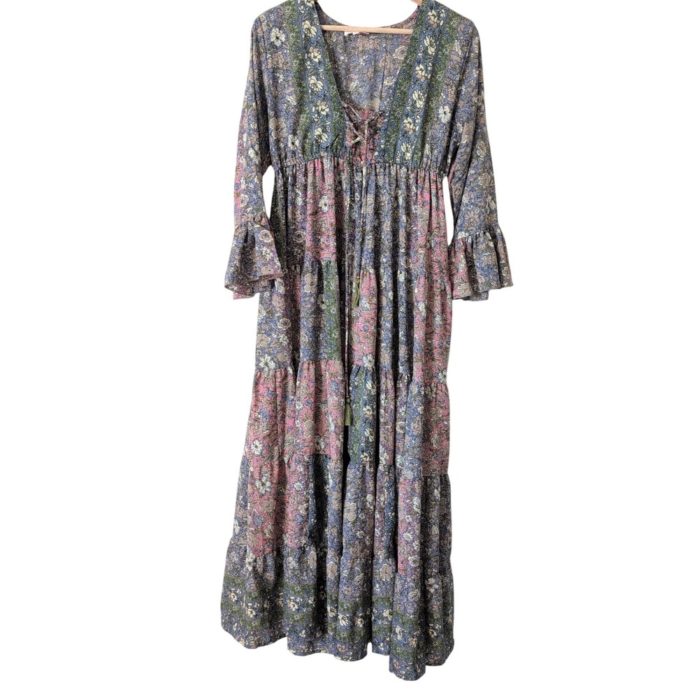 Boemo Anthropologie Maxi Dress Floral Patchwork Lace Up Ruffle‎ Sleeve M Boho